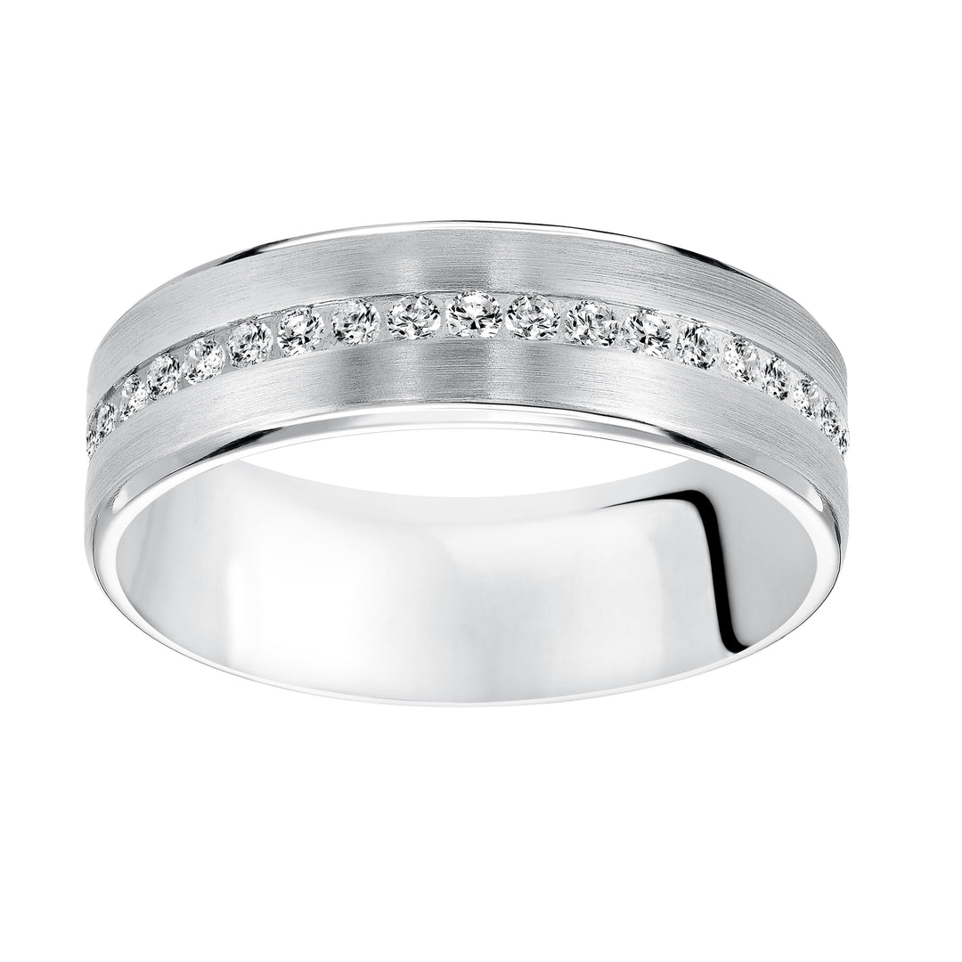 An Exquisite Row Diamonds Satin Finish and Rolled Edges Perfect the Luxurious Design of this Comfort Fit Wedding Band