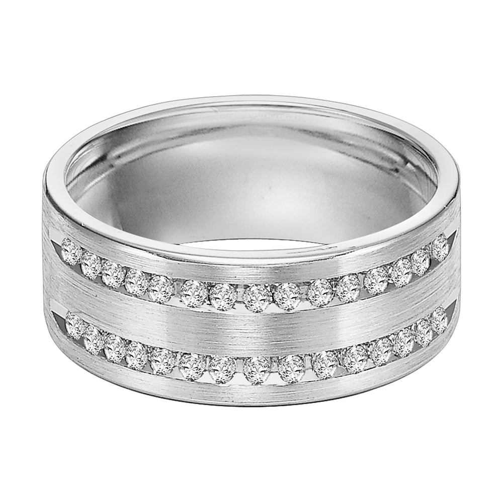 This 2 row, 30 stone diamond wedding band is Comfort Fit and features a satin finish and rolled edges for a grand look sure to make a statement
