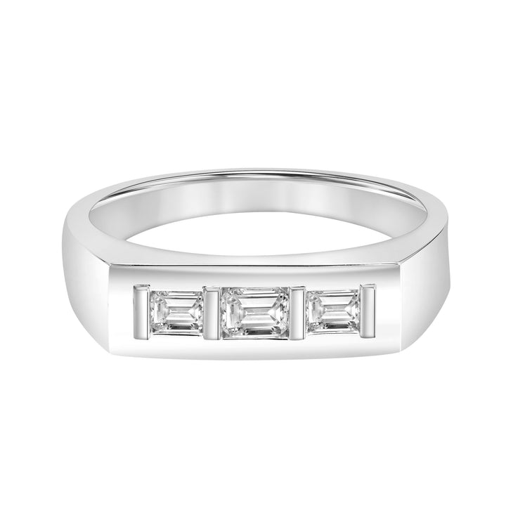 2.8mm Mens Modern Polished Signet Band with Three-Stone Emerald Lab-Grown Diamonds