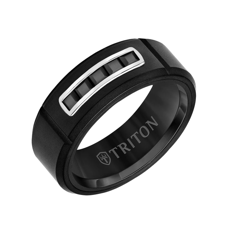 8MM Tungsten Raw Black DLC Ring - Channel Set Square Black Sapphires and Black Ceramic Interior