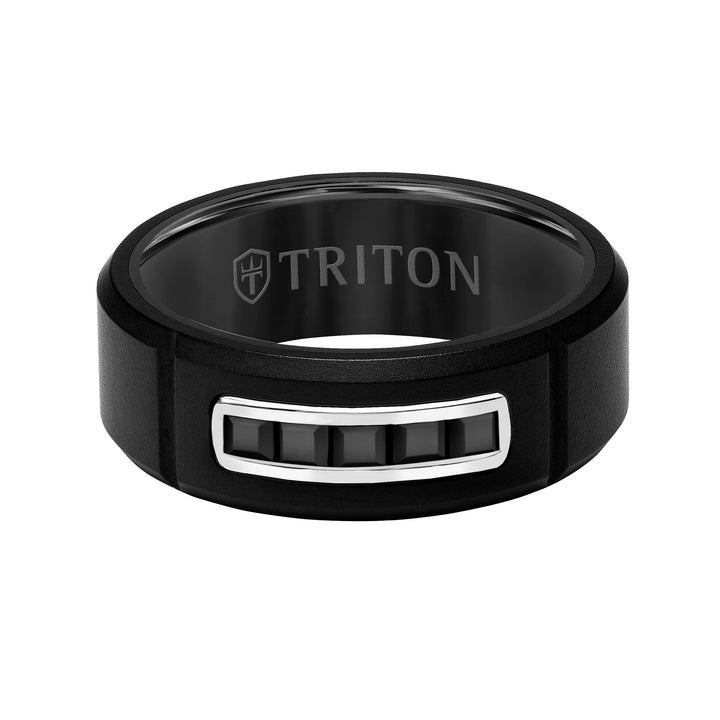 8MM Tungsten Raw Black DLC Ring - Channel Set Square Black Sapphires and Black Ceramic Interior