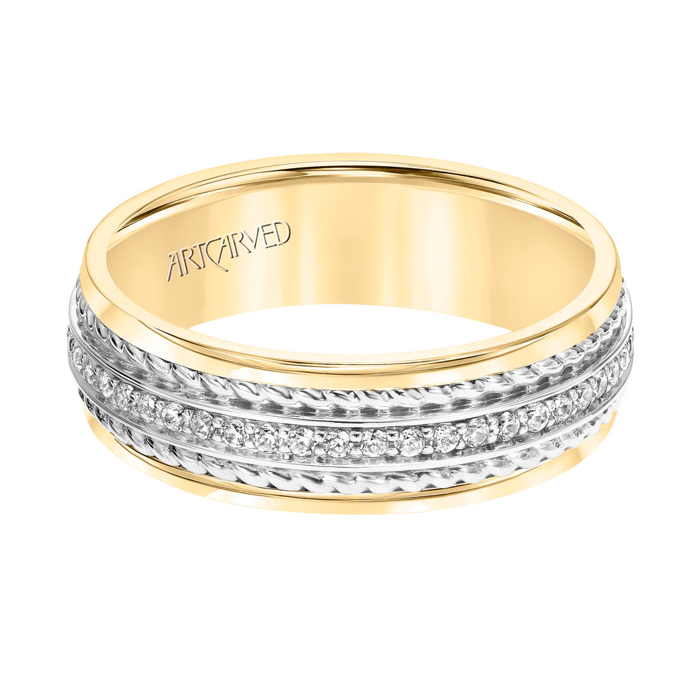 22-V8730-G - ARTCARVED - 7MM Wedding Band with Polished Finish and Double Rope with Diamond Center Inlay Detail