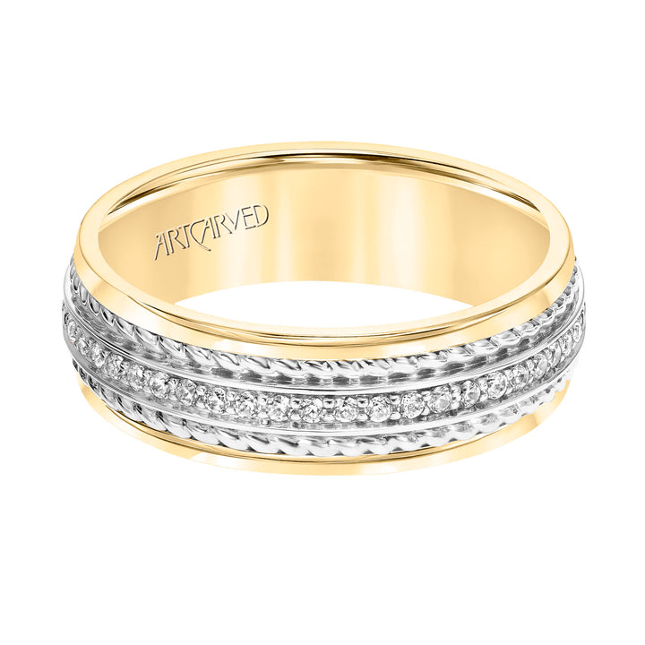 22-V8730-G - ARTCARVED - 7MM Wedding Band with Polished Finish and Double Rope with Diamond Center Inlay Detail