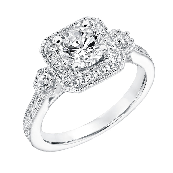 Three Stone Diamond Halo Engagement  Ring with Diamond Shank and Milgrain Detail.  Center Stone is not included.