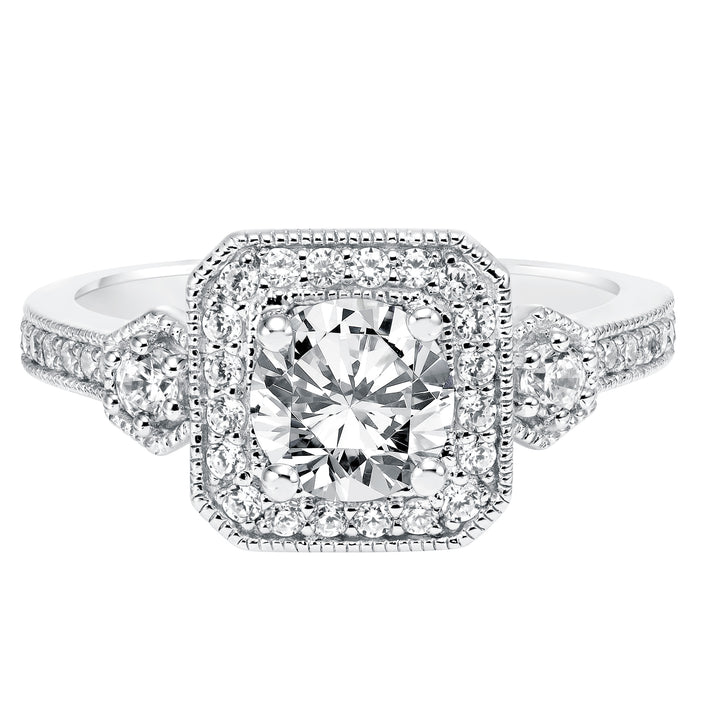 Three Stone Diamond Halo Engagement  Ring with Diamond Shank and Milgrain Detail.  Center Stone is not included.