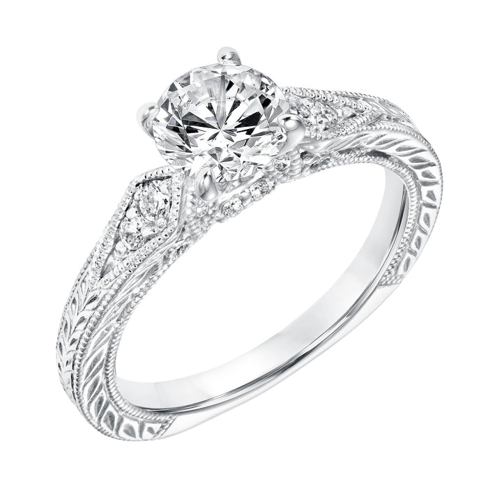 Diamond Prong Set Engagement Ring with Pinched Diamond Engraved  Shank and Milgrain Detail.  Center Stone is not included.