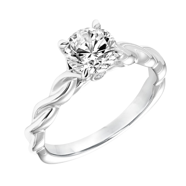 Diamond Solitaire Engagement Ring with Polished Twisted Shank and Bezel Diamond in Gallery.  Center Stone is not included.