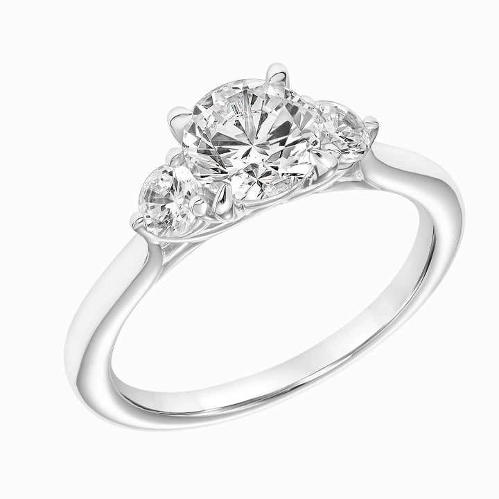 Classic Three Stone Engagement Ring with Round Diamonds and Polished Shank.  Center Stone is not included.