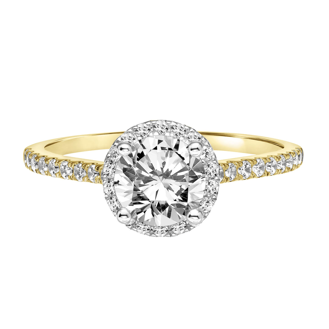 Classic Round Diamond Halo Engagement Ring with Two-Tone Prongs and Diamond Shoulders.  Center Stone is not included.