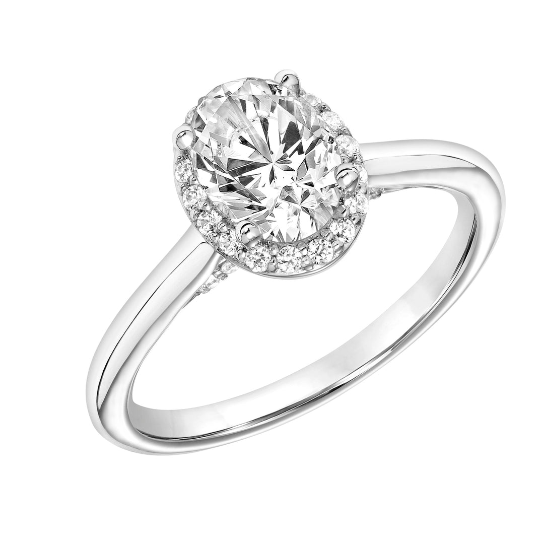 Oval Halo Engagement Ring with Diamond Bridge and Polished Shank.  Center Stone is not included.