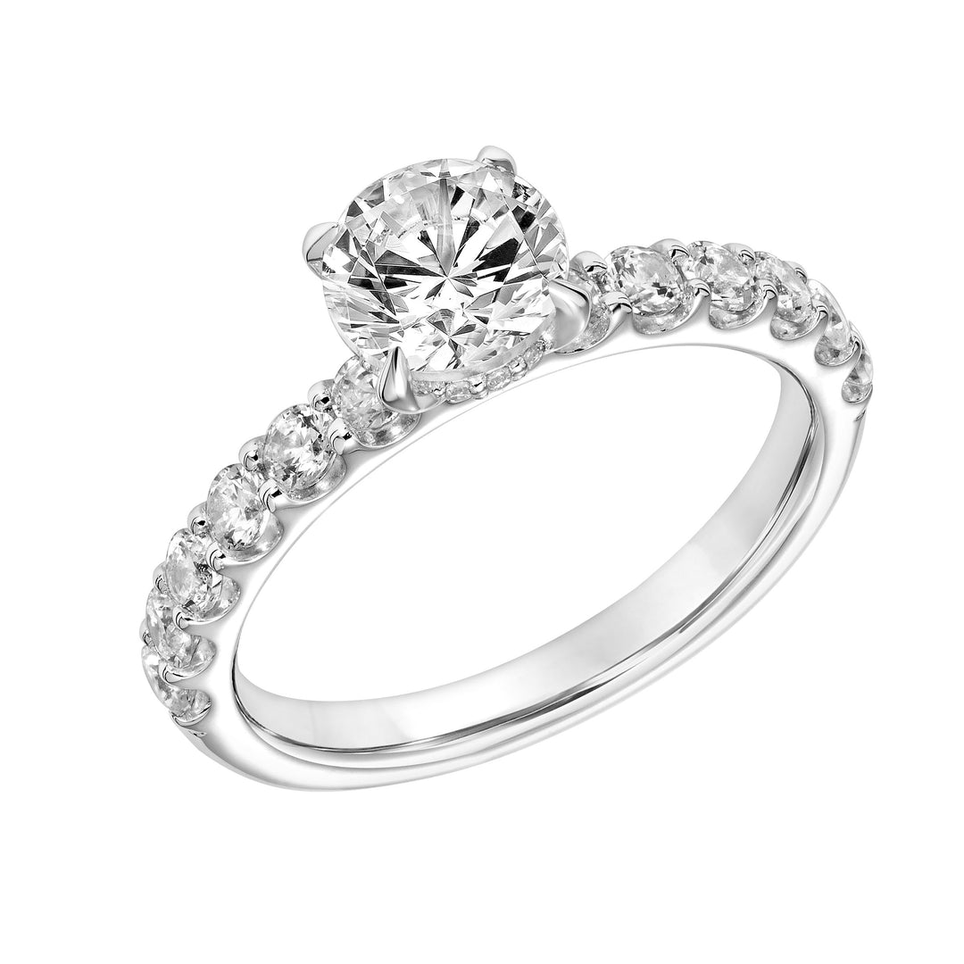 Clasic Engagement Ring with Hidden Diamond Halo and Double Shared Prong Diamond Shank.  Center Stone is not included.
