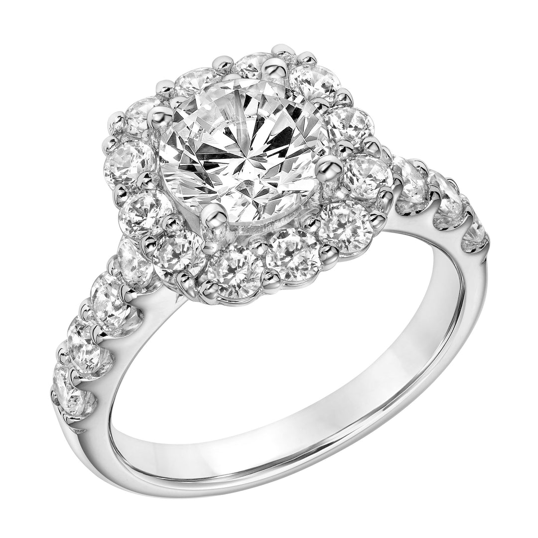 Cushion Shape Diamond Halo Engagement Ring with Diamond Shank