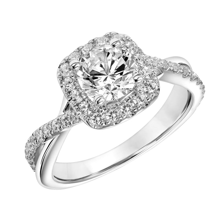 Diamond Halo Engagement Ring with Half Diamond Half Polished Twisted Shank.  Center Stone is not included.