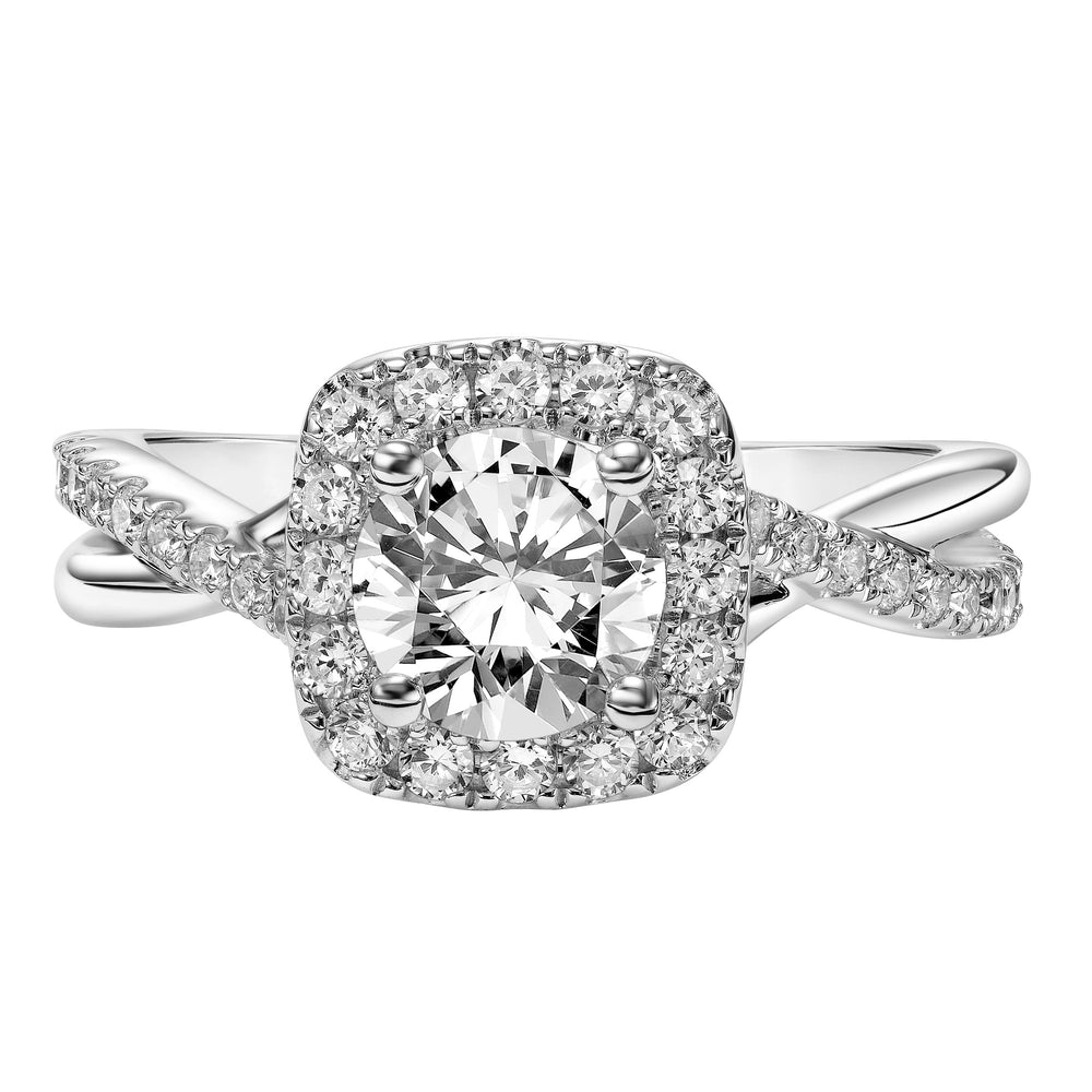 Diamond Halo Engagement Ring with Half Diamond Half Polished Twisted Shank.  Center Stone is not included.