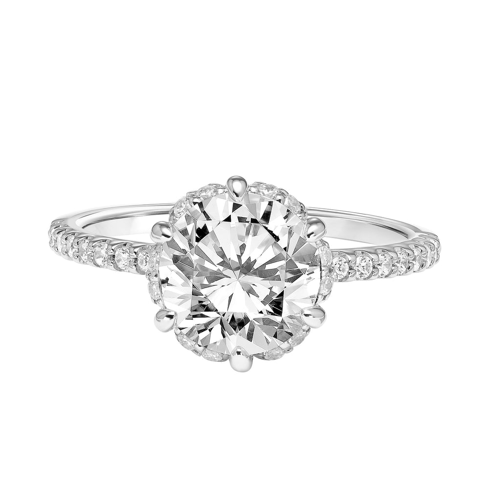 Classic Six Prong Setting Engagement Ring with Hidden Halo and Diamond Shank.  Center Stone is not included.