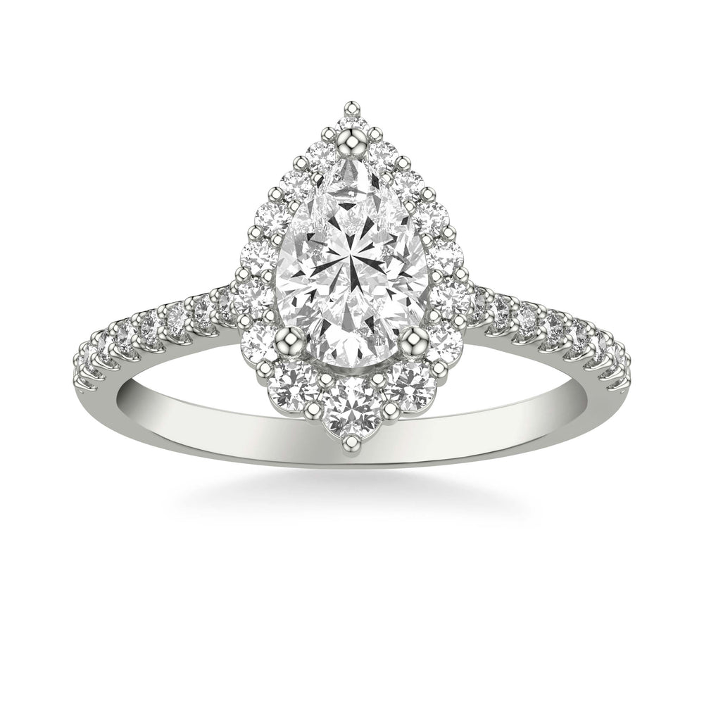 Classic Pear Diamond Halo Engagement Ring with Graduated Diamonds and Diamond Shank