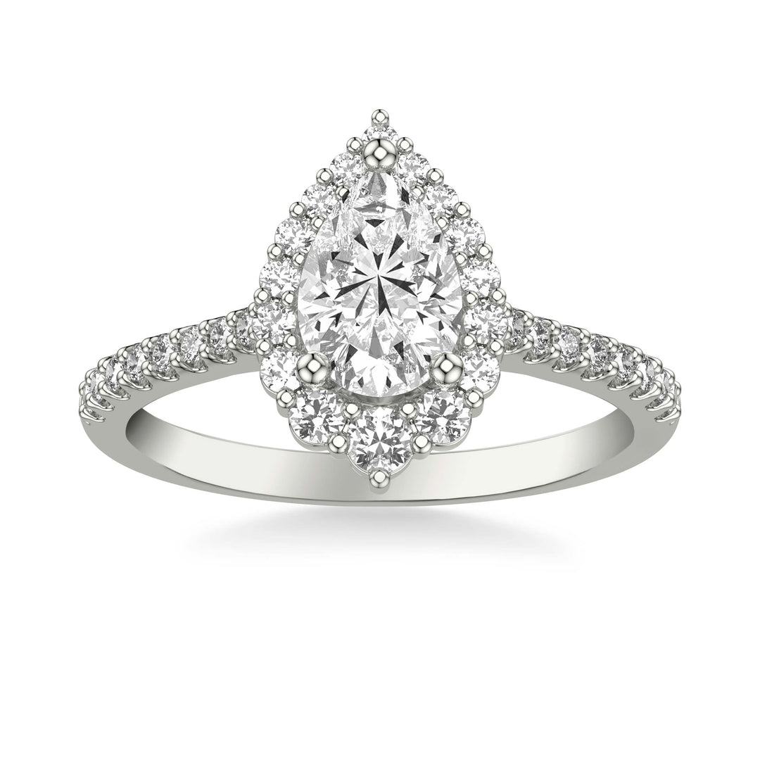 Classic Pear Diamond Halo Engagement Ring with Graduated Diamonds and Diamond Shank
