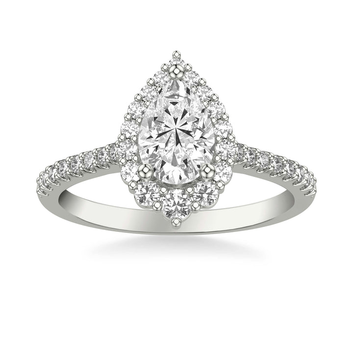 Classic Pear Diamond Halo Engagement Ring with Graduated Diamonds and Diamond Shank