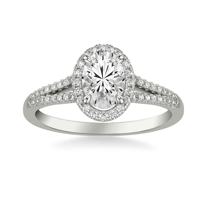 Contemporary Oval Halo Split Shank Diamond Engagement Ring