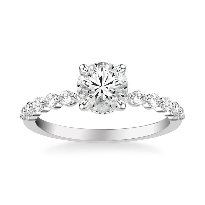 Classic Engagement Ring with Hidden Diamond Halo and Single Shared Prong Diamond Shank.  Center Stone is not included.