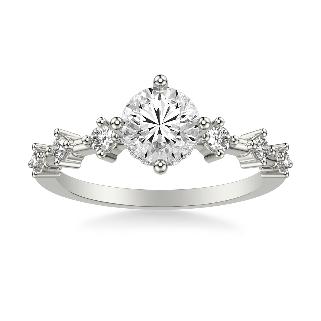 Contemporary Engagement Ring with Hidden Halo and Single Diamond Station Accented Band.  Center Stone is not included.