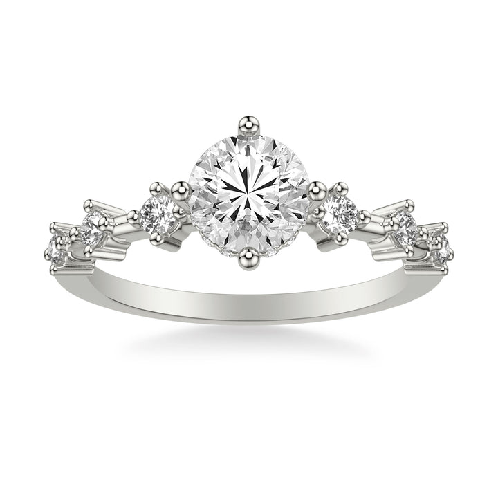 Contemporary Engagement Ring with Hidden Halo and Single Diamond Station Accented Band.  Center Stone is not included.