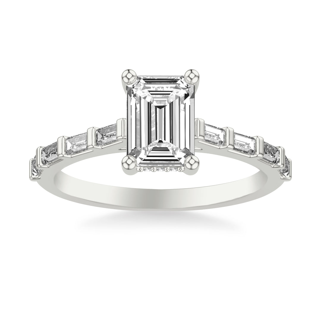 Contemporary Engagement Ring with Baguette Diamond Shank.  Center Stone is not included.
