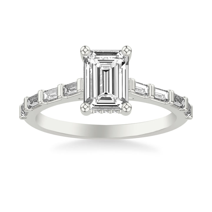 Contemporary Engagement Ring with Baguette Diamond Shank.  Center Stone is not included.