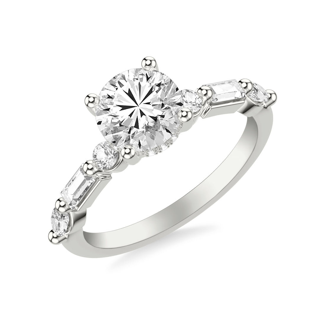 Contemporary Engagement Ring with Hidden Diamond Halo and Mixed Fancy Round and Baguette and Marquise Diamond Shank