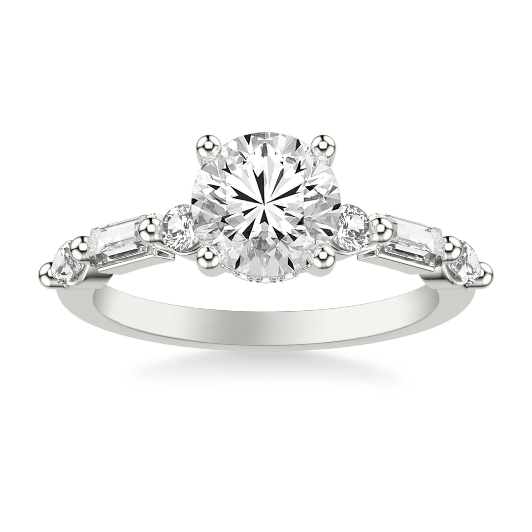 Contemporary Engagement Ring with Hidden Diamond Halo and Mixed Fancy Round and Baguette and Marquise Diamond Shank