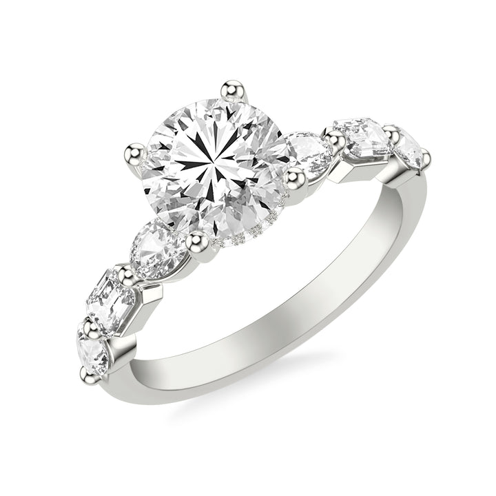 Contemporary Engagement Ring with Hidden Diamond Halo and Mixed Fancy Oval and Emerald and Pear Diamond Shank.  Center Stone is not included.