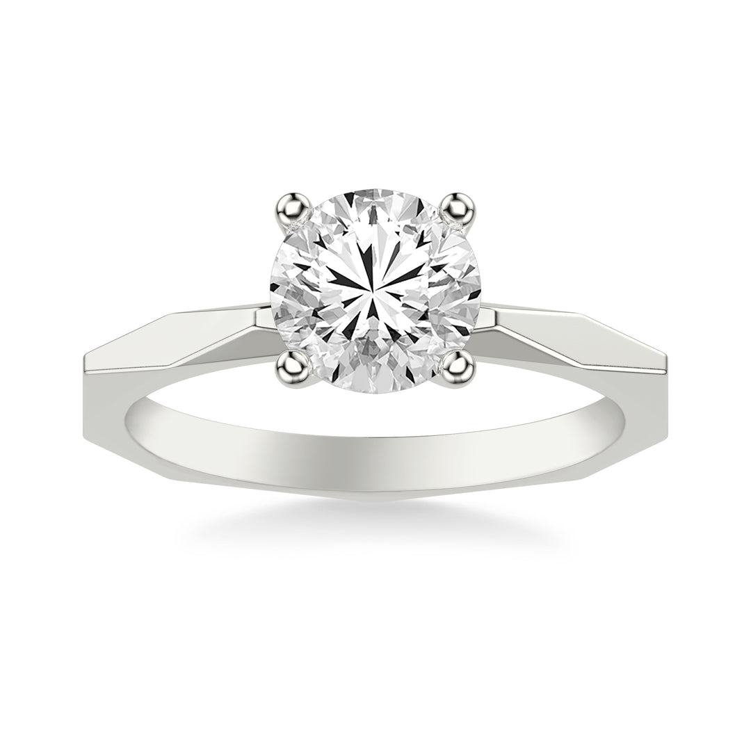 Contemporary Solitaire Engagement Ring with Geometric Faceted Shank.  Center Stone is not included.