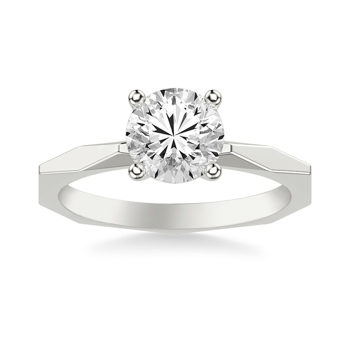 Contemporary Solitaire Engagement Ring with Geometric Faceted Shank.  Center Stone is not included.