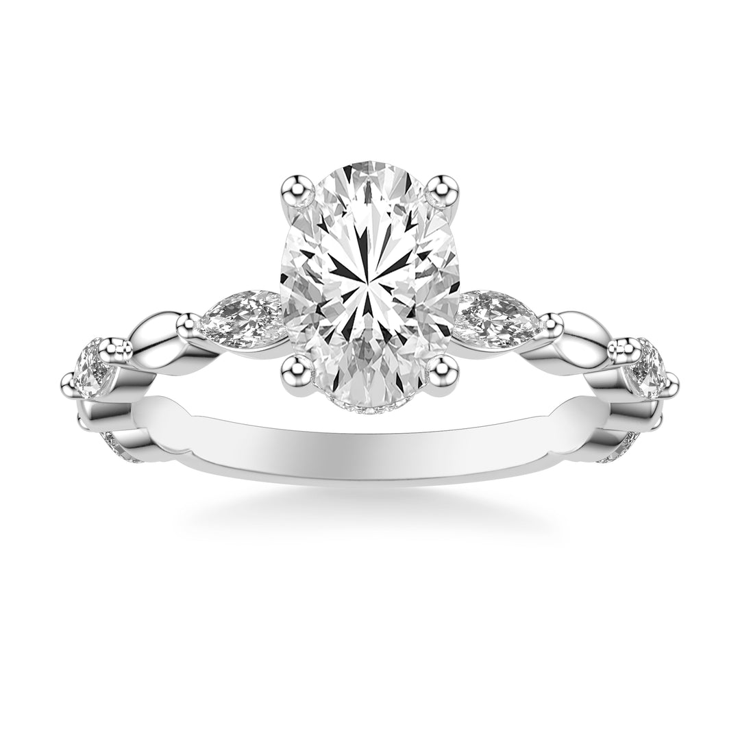 Contemporary Engagement Ring with Hidden Halo and Alternating Marquise Diamond with Organic Marquise Shaped Bead Shank.  Center Stone is not included.
