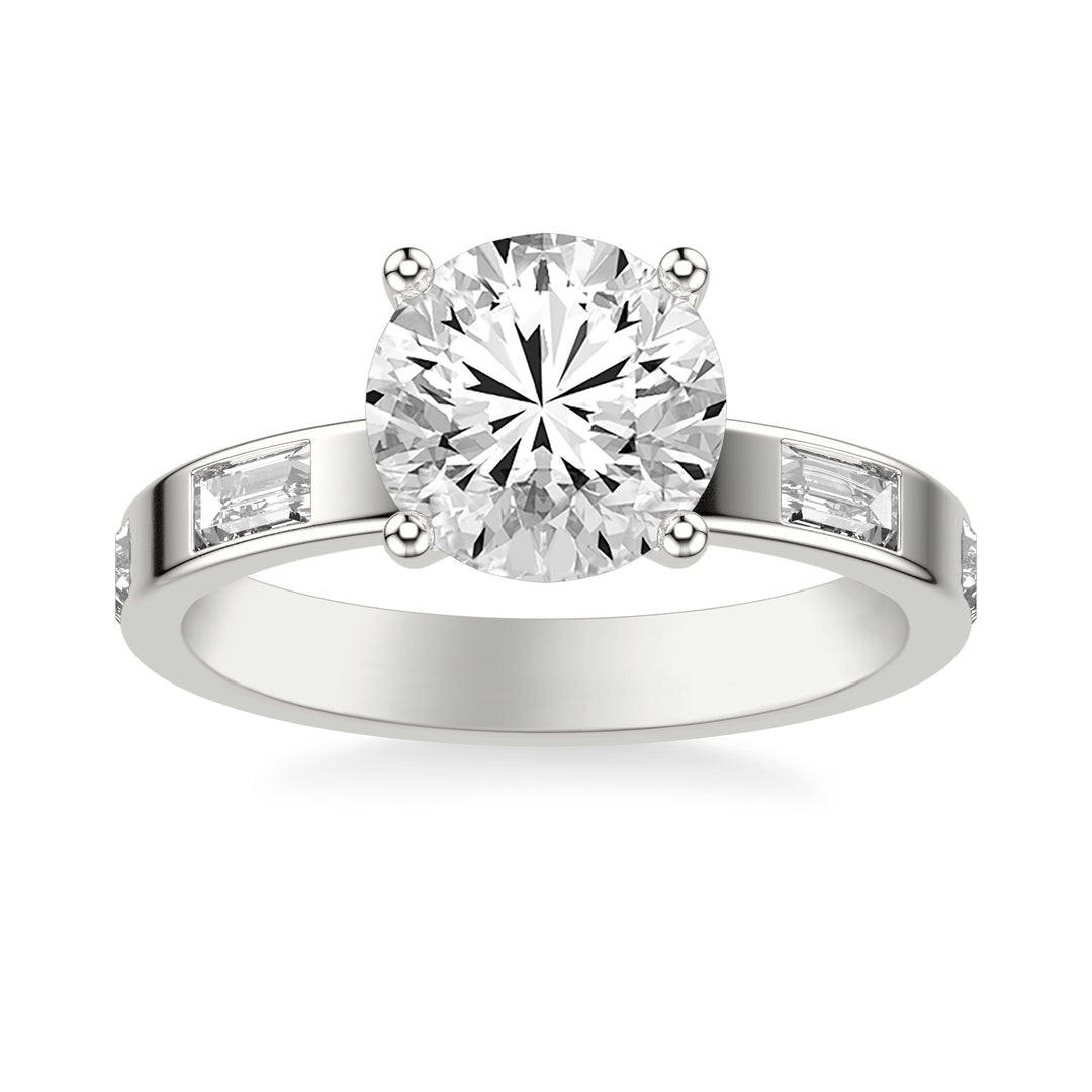 Contemporary Wide Band Engagement Ring with Bezel Set Distance Baguette East/West Diamond Polished Shank.  Center Stone is not included.