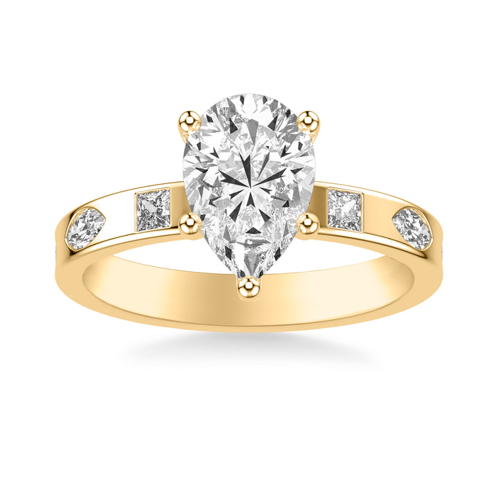 Contemporary Wide Band Engagement Ring with Bezel Set  Princess and Marquise and Pear Diamond Distance Polished Shank.  Center Stone is not included.
