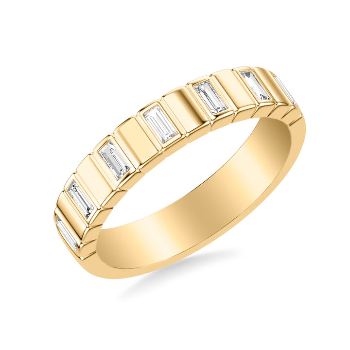 Contemporary Beveled Wedding Band with Alternating Bezel Set Baguette Diamonds and Polished Sections