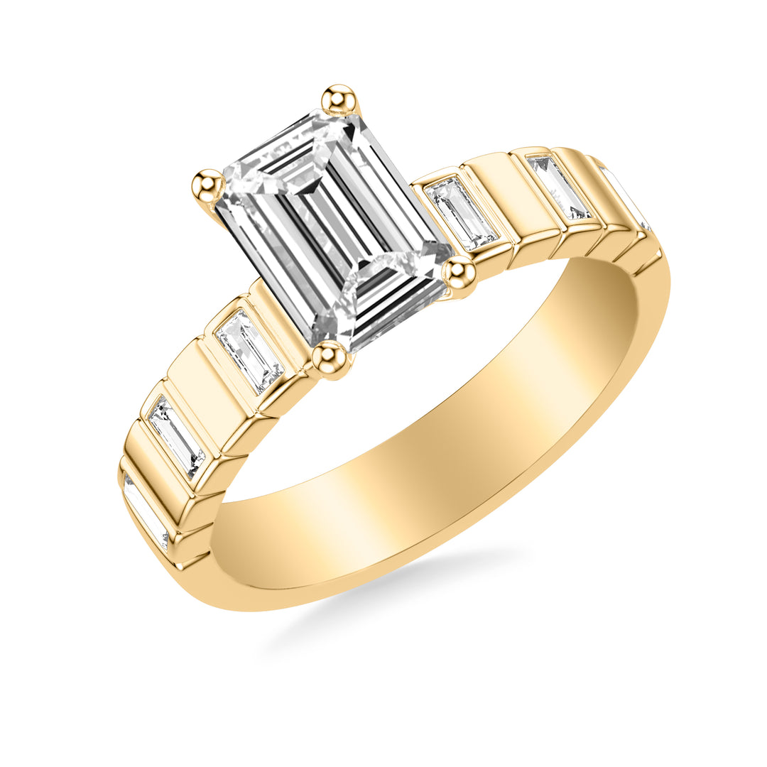 Contemporary Beveled Engagement Ring with Alternating Bezel Set North/South Baguette Diamonds and Polished Sections