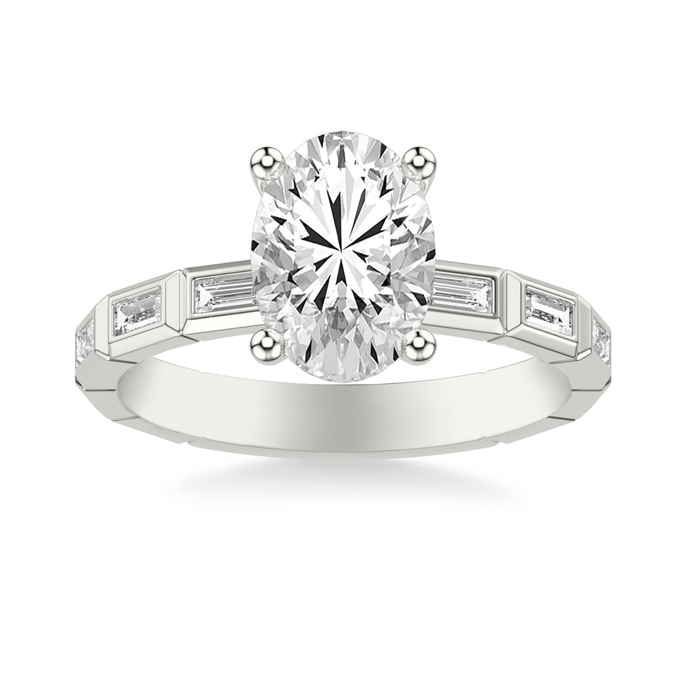 Contemporary Beveled Engagement Ring with Bezel Set East/West Baguette Diamonds