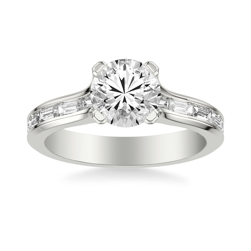 Contemporary Beveled Engagement Ring with Continuous Channel Set East/West Baguette Diamond Shank