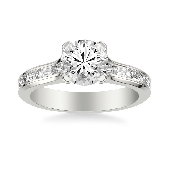 Contemporary Beveled Engagement Ring with Continuous Channel Set East/West Baguette Diamond Shank.  Center Stone is not included.