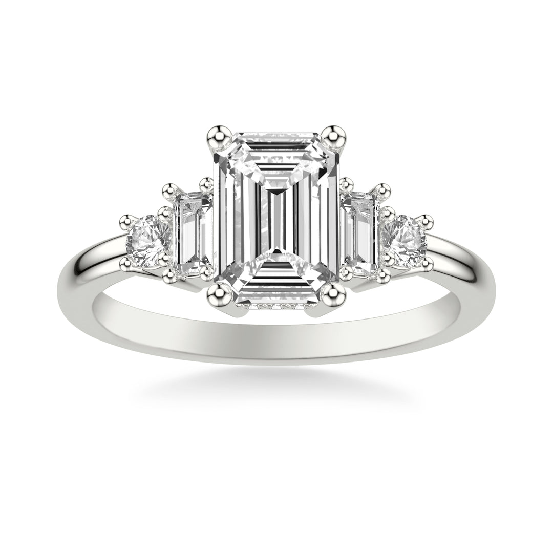 Contemporary Engagement Ring with Baguette and Round Diamonds and Polished Shank.  Center Stone is not included.