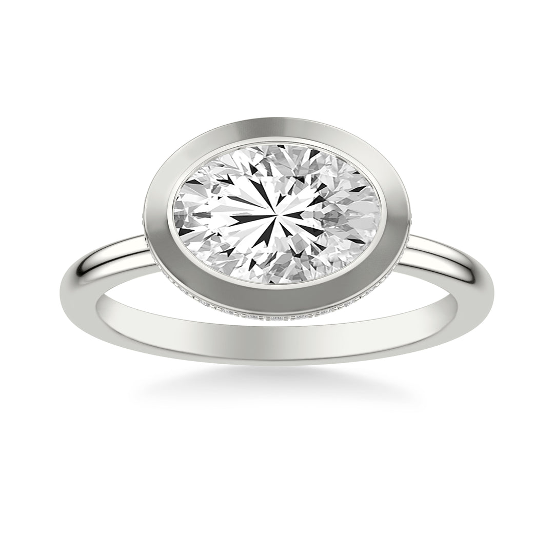 Contemporary East-West Bezel Set Engagement Ring with Hidden Halo and Polished Shank.  Center Stone is not included.