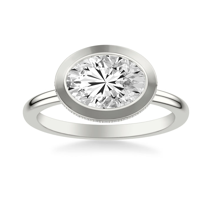 Contemporary East-West Bezel Set Engagement Ring with Hidden Halo and Polished Shank.  Center Stone is not included.