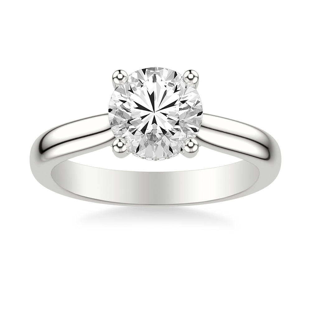 Classic Solitaire Engagement Ring with Hidden Halo and Diamond Bridge with 3MM Wide Polished Shank