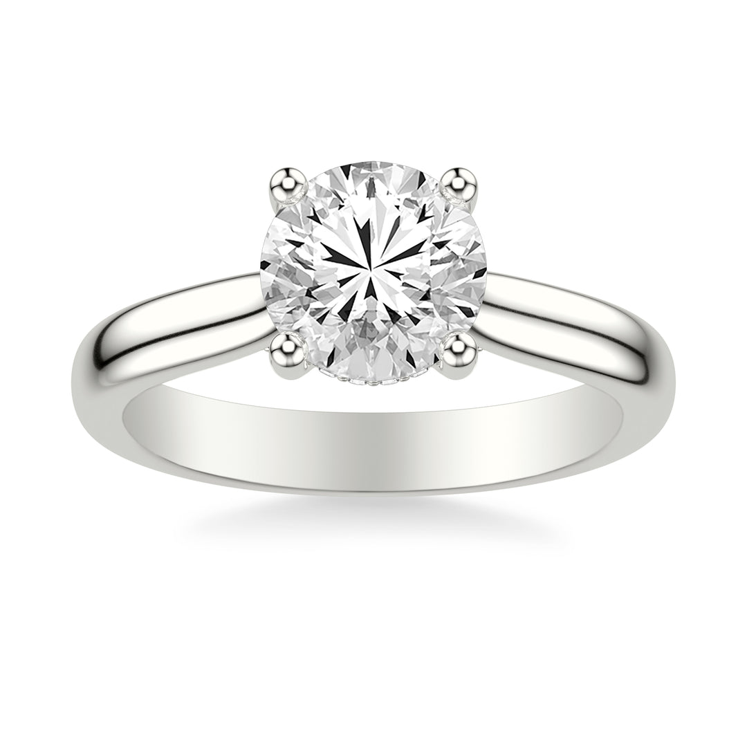Classic Solitaire Engagement Ring with Hidden Halo and Diamond Bridge with 3MM Wide Polished Shank