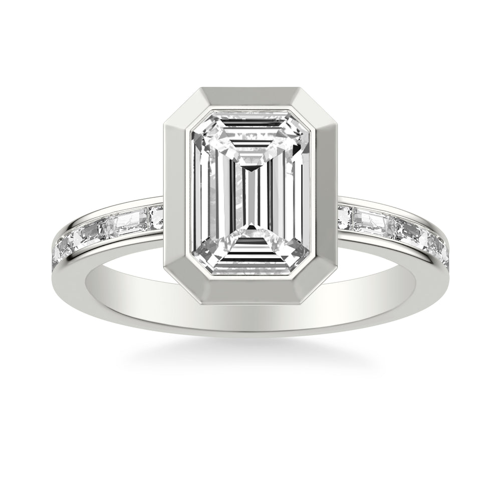 Contemporary Bezel Set Engagement Ring with Channel Set Baguette Diamond Shank