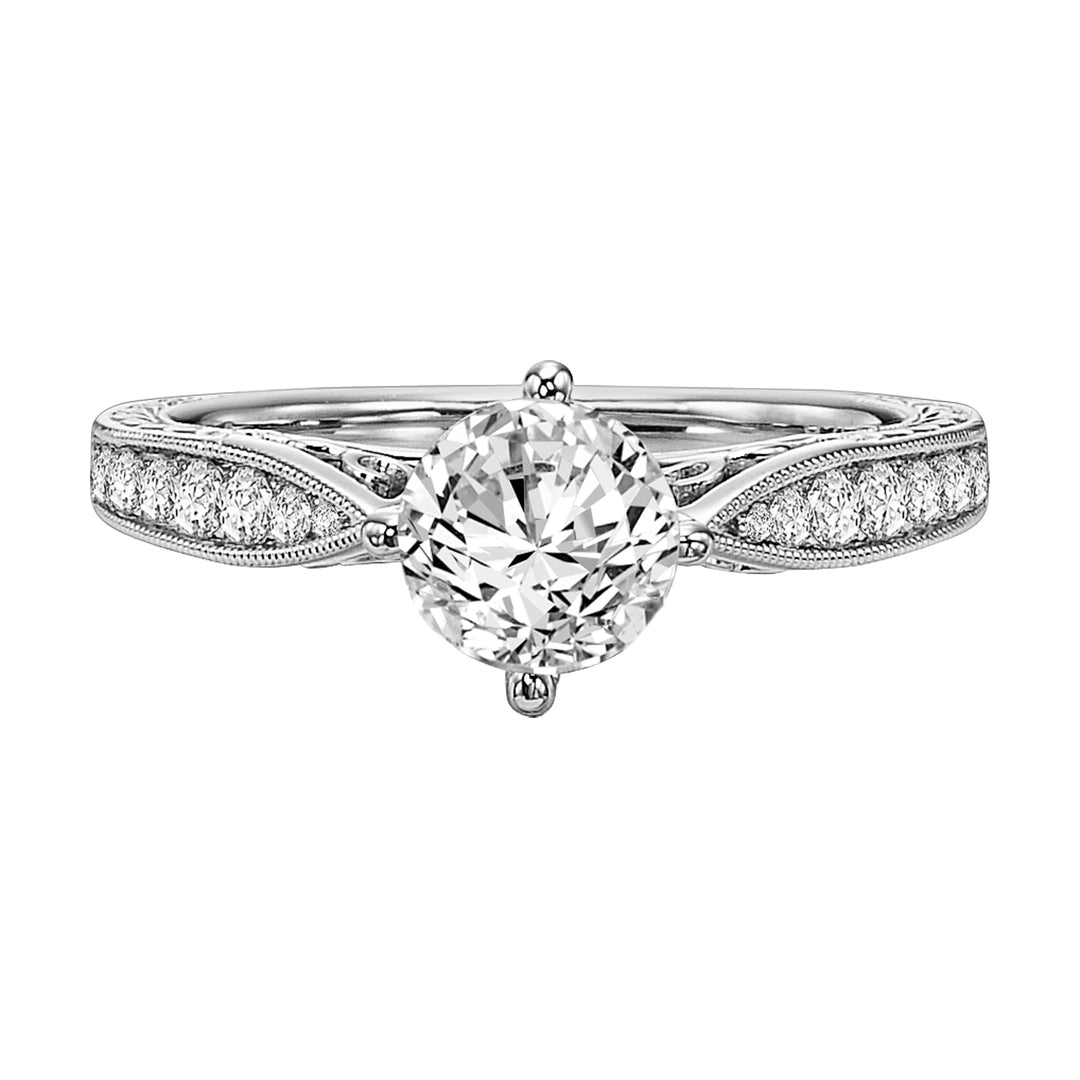 Masterfully crafted, this engagement ring dazzles with its round center stone and prong set diamond band with delicate milgrain and beautiful engraving .  Center Stone is not included.