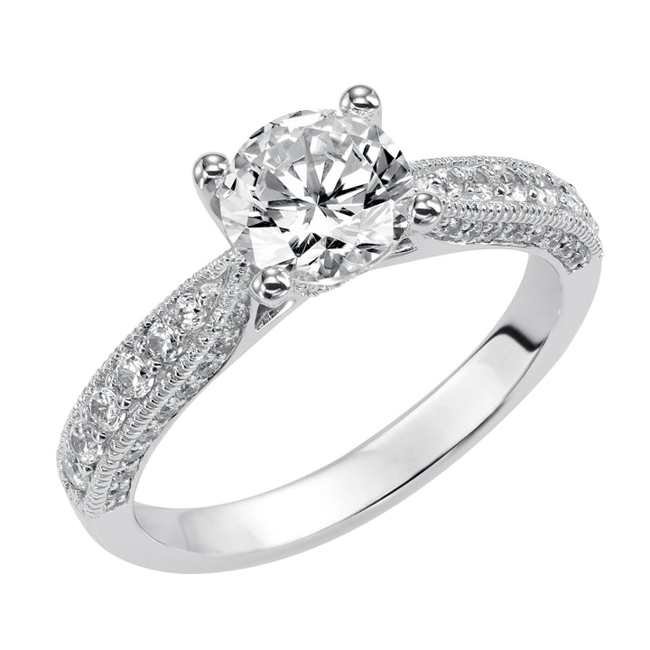 Milgrain detailing accents the diamond prong set band of this magnificent engagement ring.  Center Stone is not included.