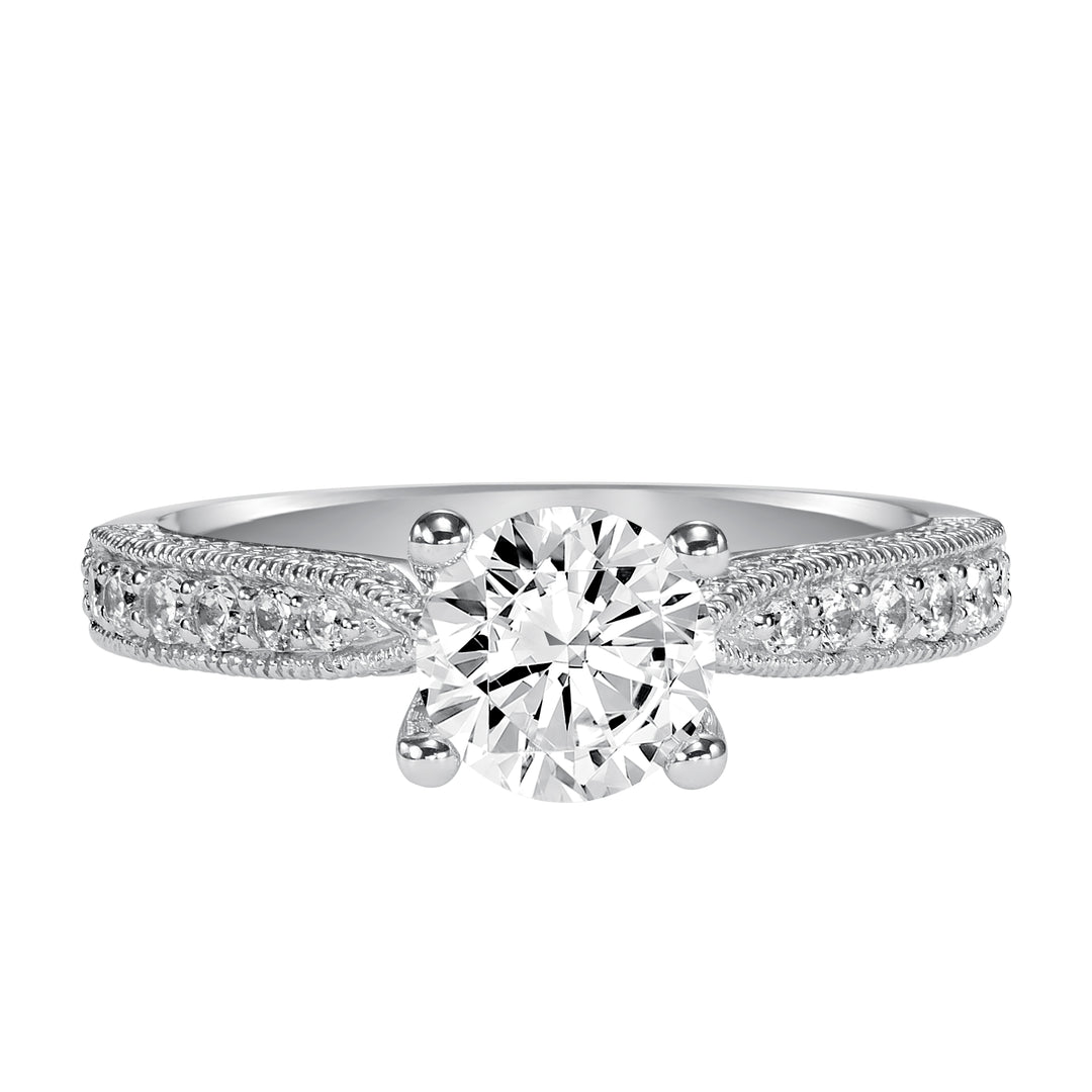 Milgrain detailing accents the diamond prong set band of this magnificent engagement ring.  Center Stone is not included.